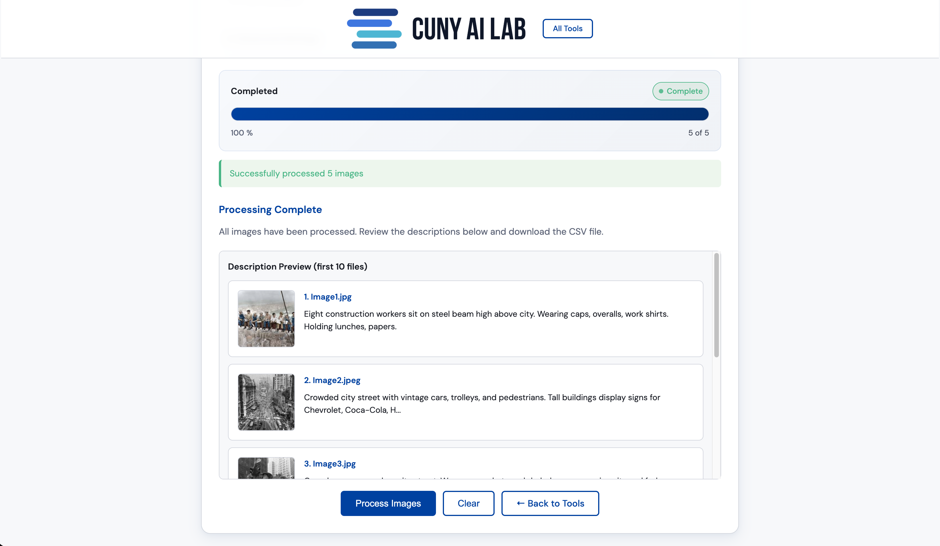 Media Tools Describe Images mode showing alt-text generation